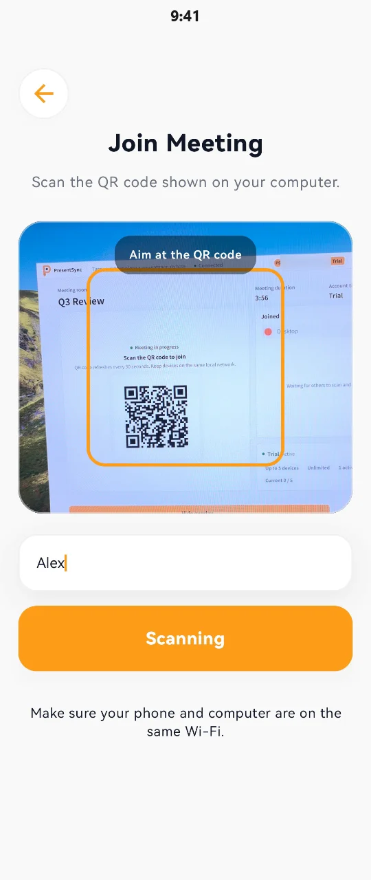 PresentSync phone app Join Meeting screen: camera aimed at the QR code on the computer, name Alex, Scanning button