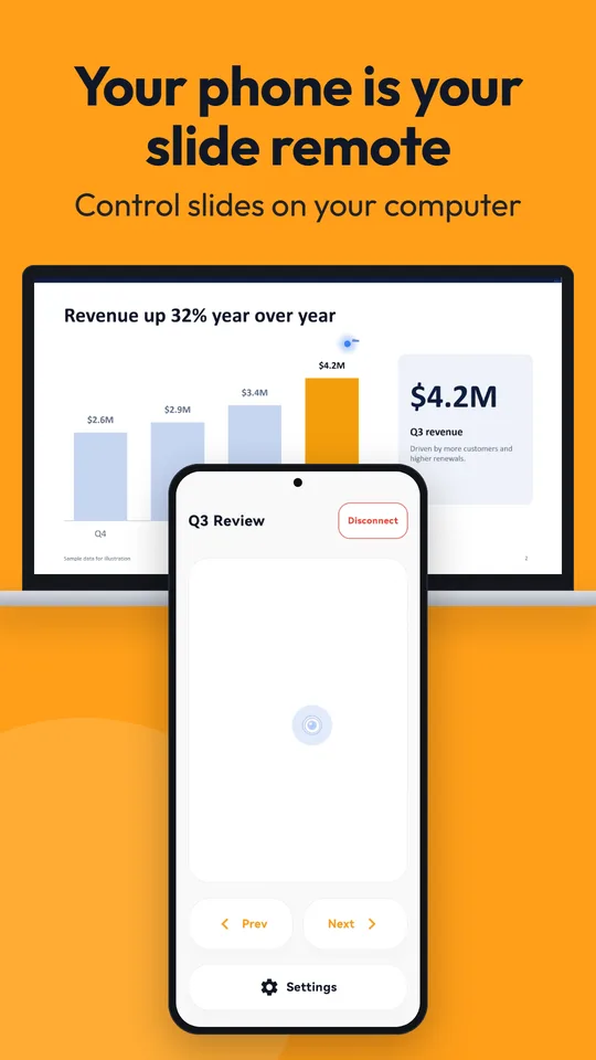 Phone used as a trackpad remote in front of a laptop presenting a revenue chart