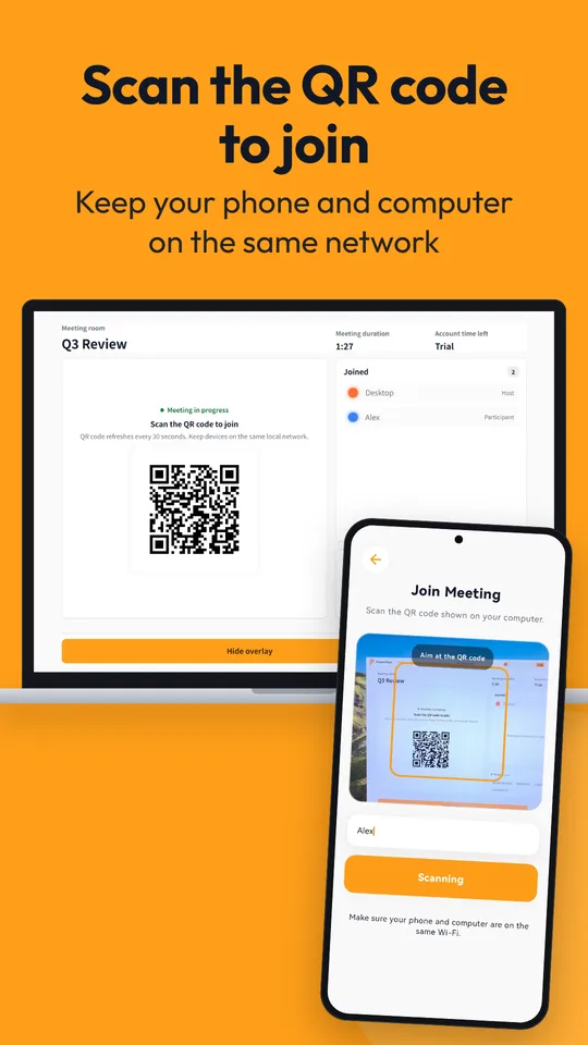 The computer shows a meeting QR code and the phone scans it to join; both are on the same network